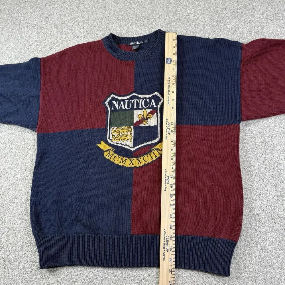 VTG 90s Nautica Preppy Sweater Red Blue‎ Color Block Crest Sz L
